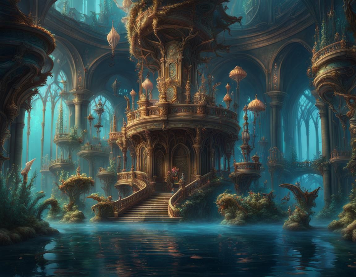 Fantastical Undersea Palace Orchestra in Detailed Digital Ar...