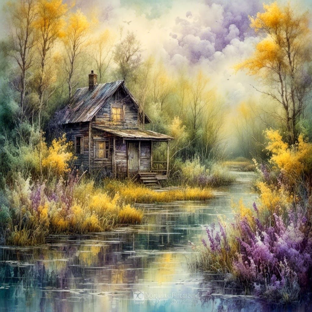 Spring Marsh Cabin Watercolor Painting