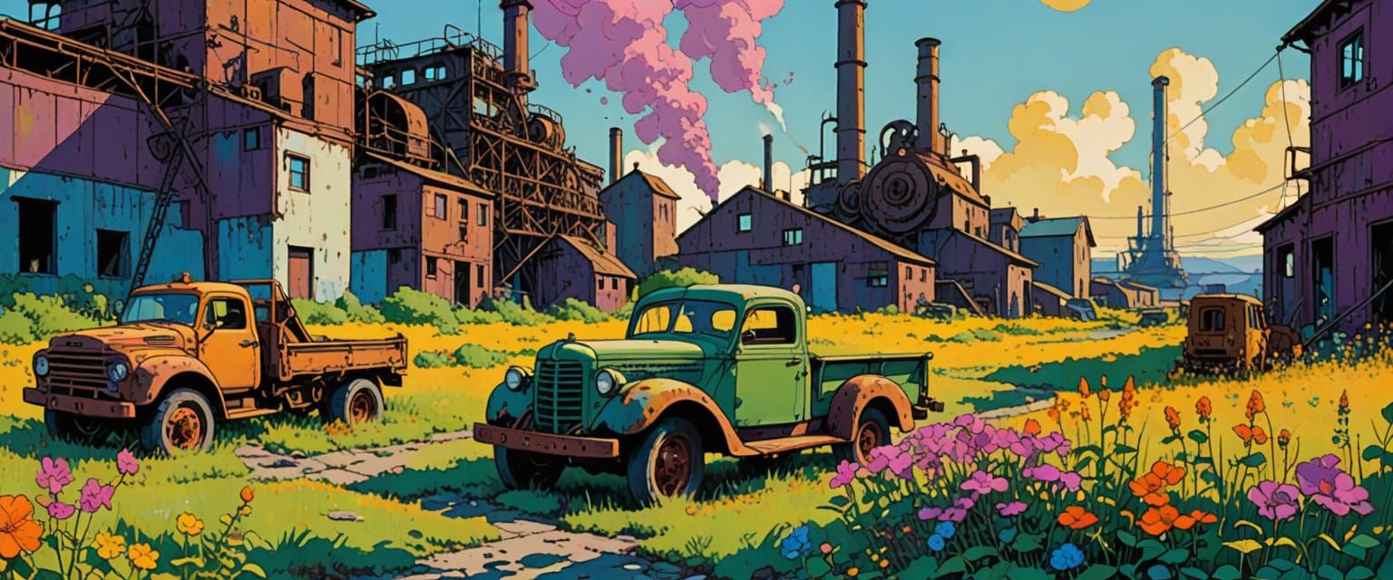 Abandoned Factory Overgrown with Flowers in Comic Book Style
