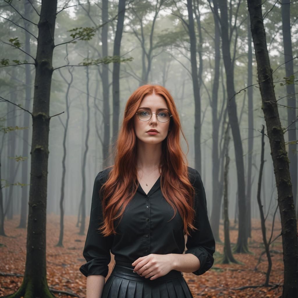 Red-Haired Woman in Misty Forest on Halloween