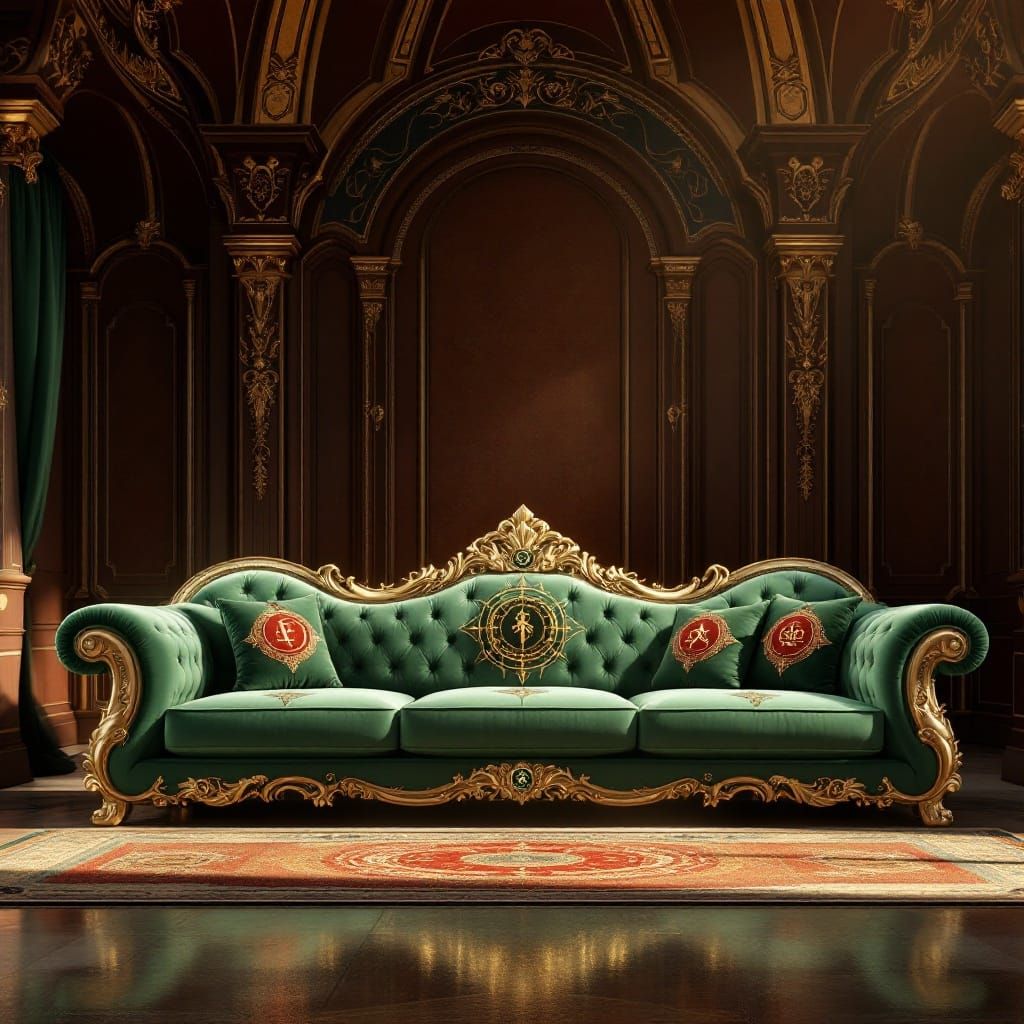 Majestic Strader Green Velvet Sofa in Grand Fantasy Chamber