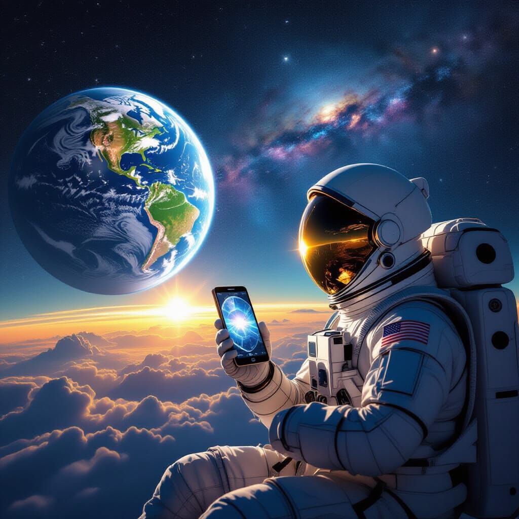 Astronaut Watching Phone in Space with Earth View