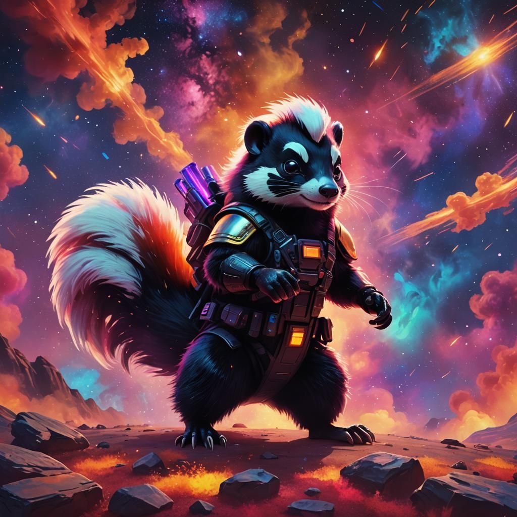 Heavily Armed Skunk in Nebula: Pixar-Style Concept Art