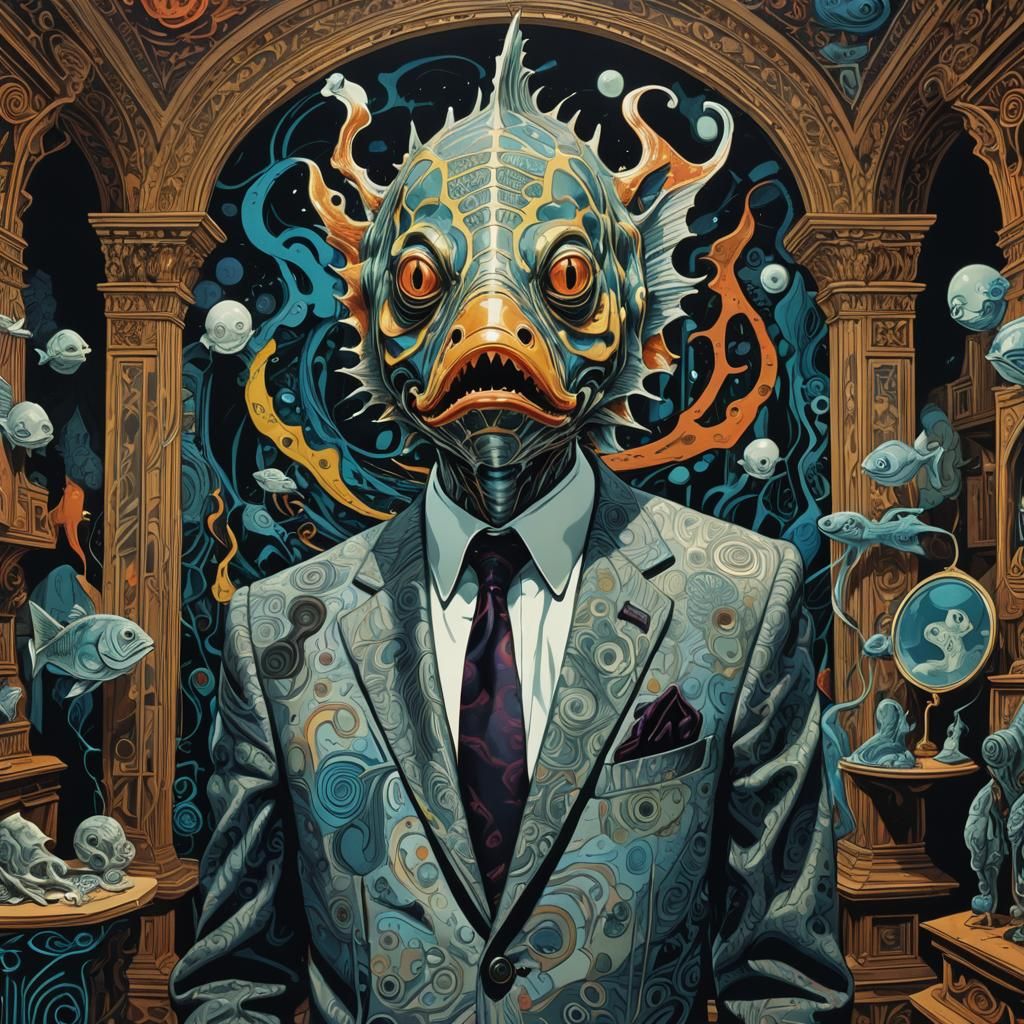 Surreal Fish Creature in Ornate Room, Screen Print