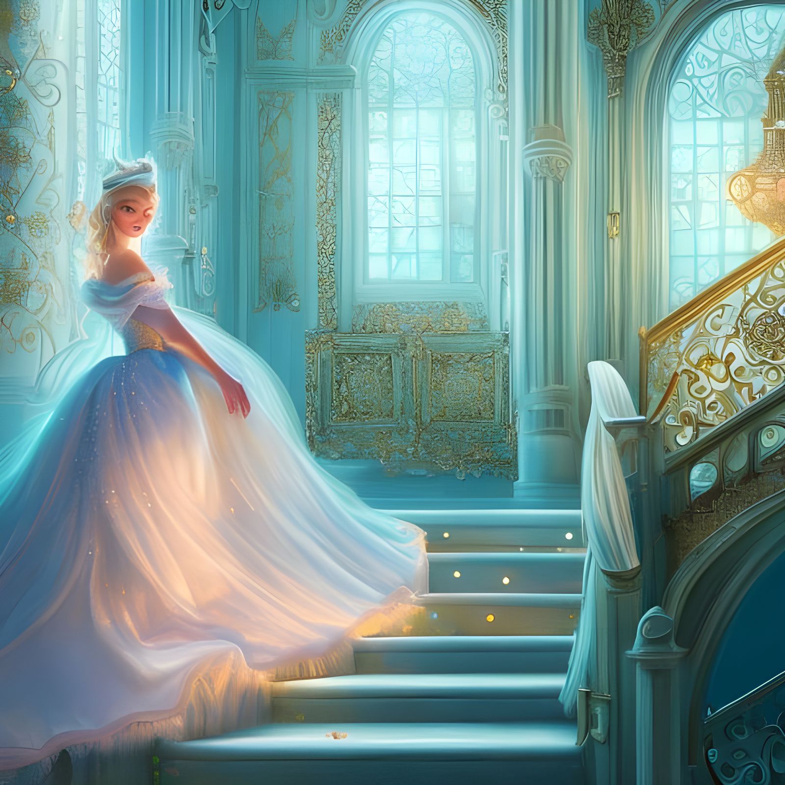 Cinderella on Magical Palace Staircase in Pastel Illustratio...