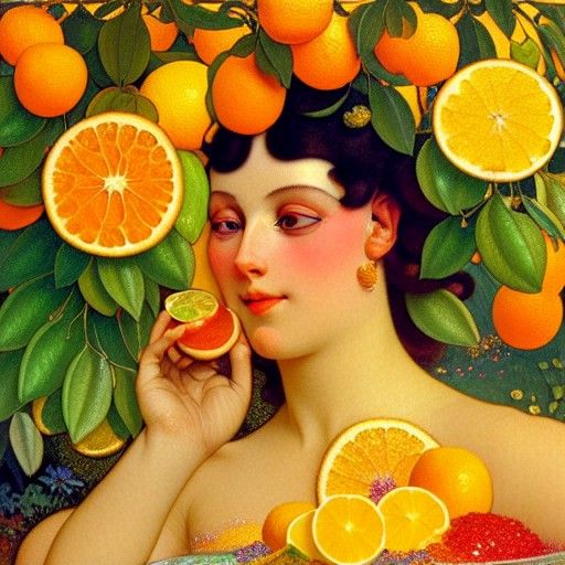 Citrus Goddess Portrait in Oil with Luminous Sparkles