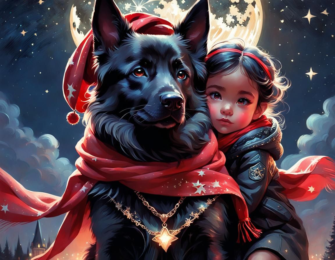 Fairy Riding Dog in Starry Night, Fantasy Illustration