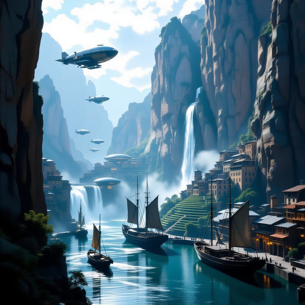 Steel Construction with Waterfalls and Terraced Buildings