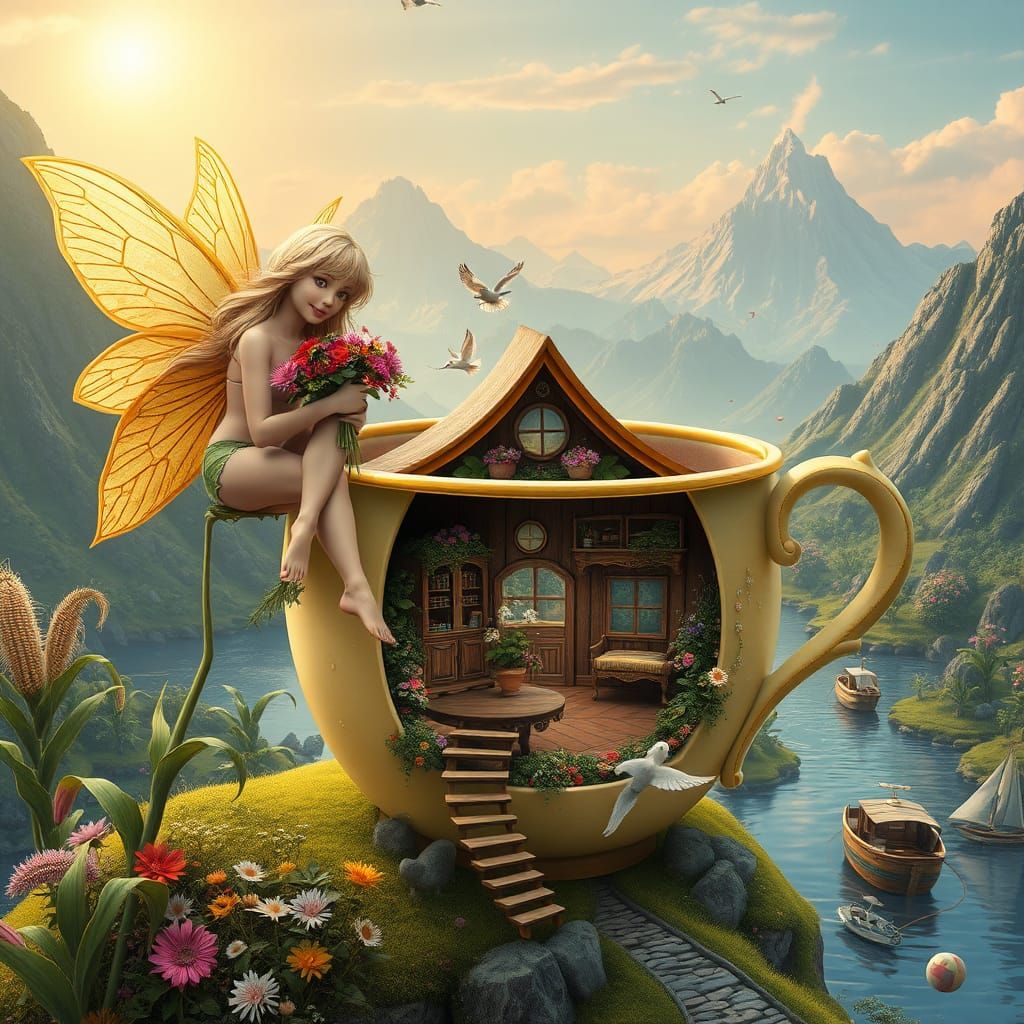 Fairy on Corn Cob with Teacup House