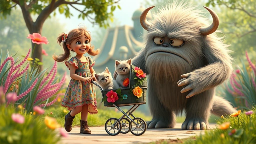 Girl, Kittens, and Pixar Monster in Whimsical Park