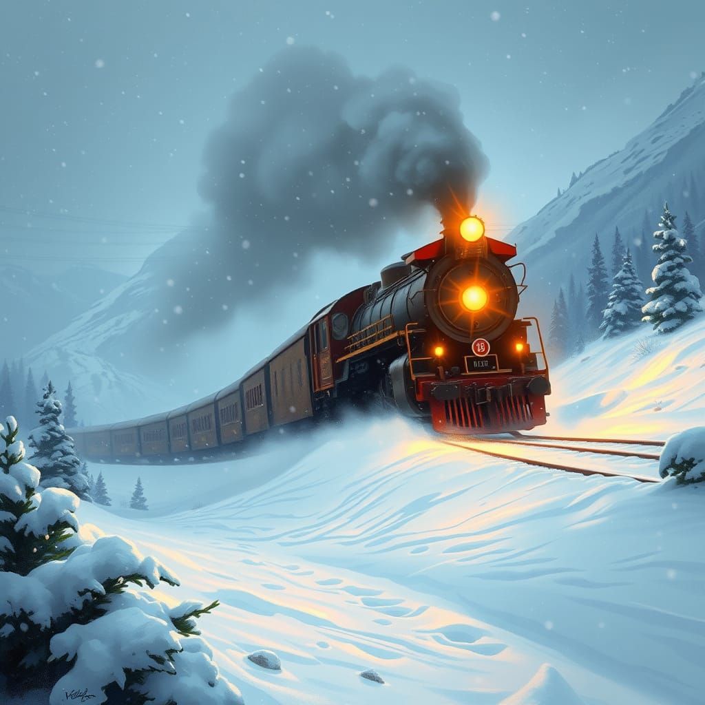 Vintage Steam Train in Snowy Mountain Blizzard