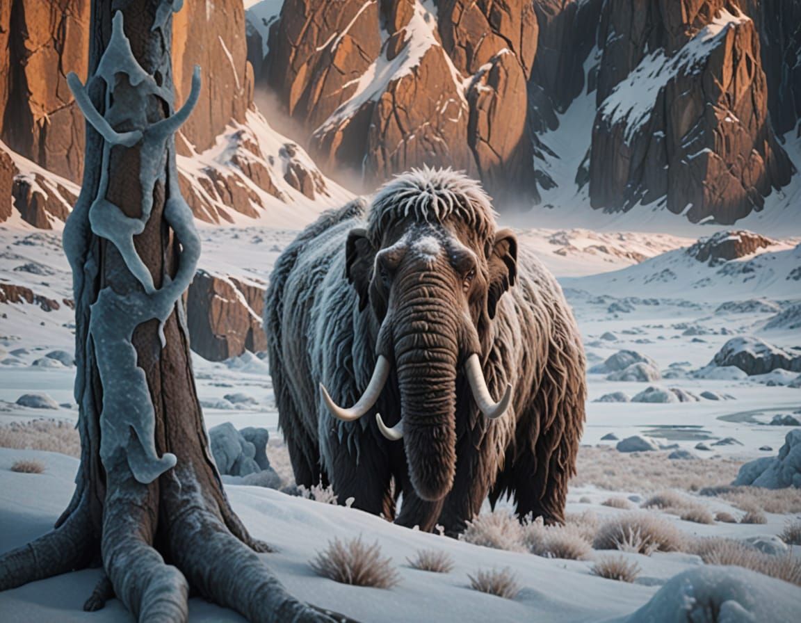 Woolly Mammoth Amidst Icy Winter Landscape in Vibrant 8K