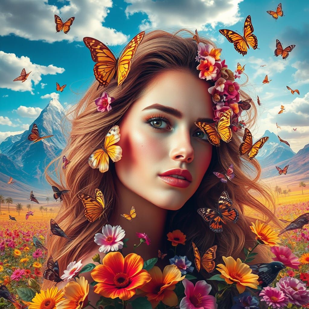 Hyper Realistic Surrealist Goddess in Vibrant Dream Landscap...