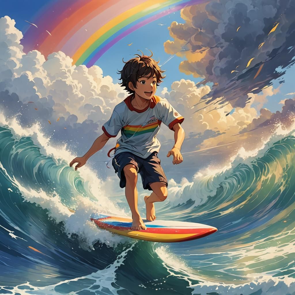 Boy Surfing a Rainbow in Anime Style
