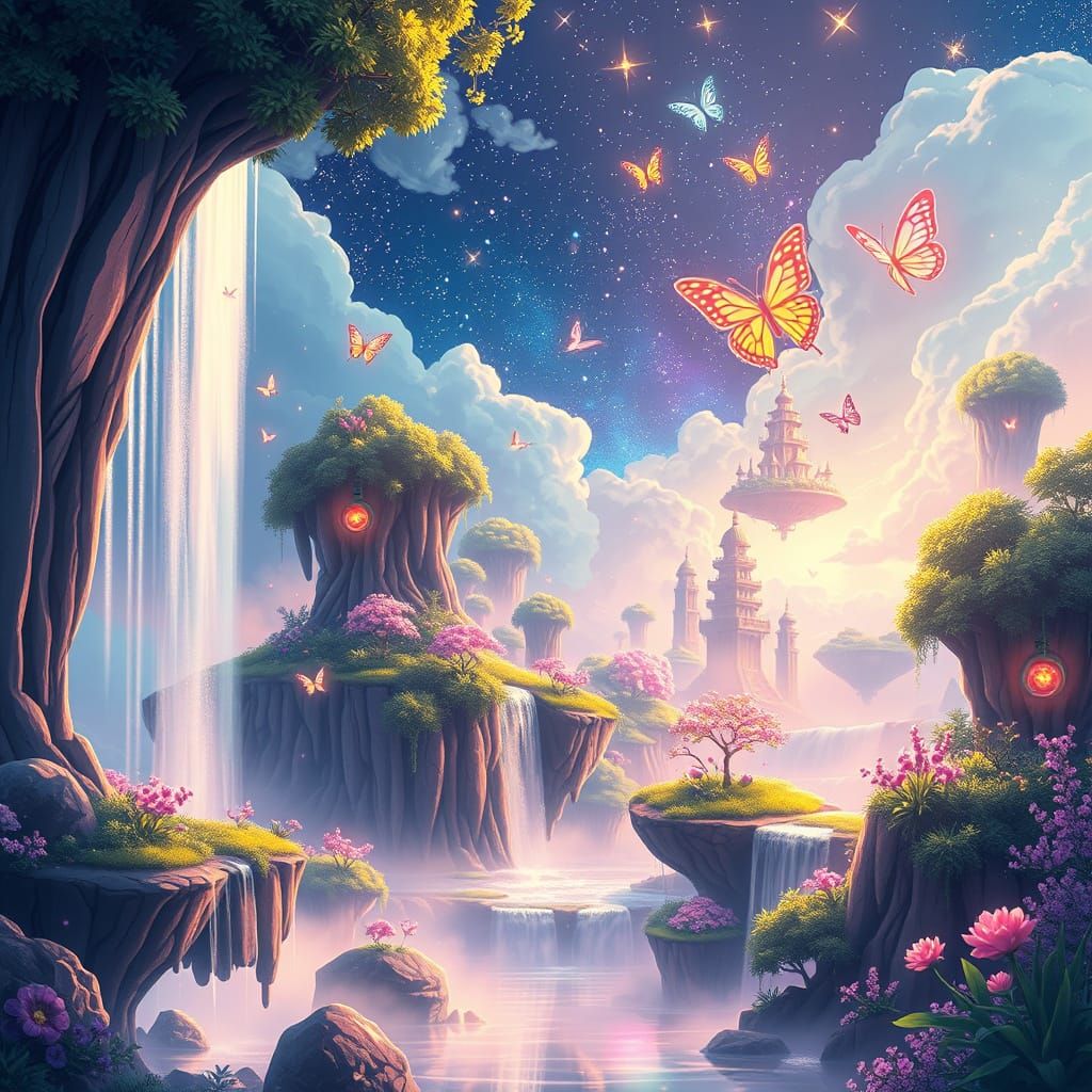 Enchanted Futuristic Garden in Whimsical Anime Style