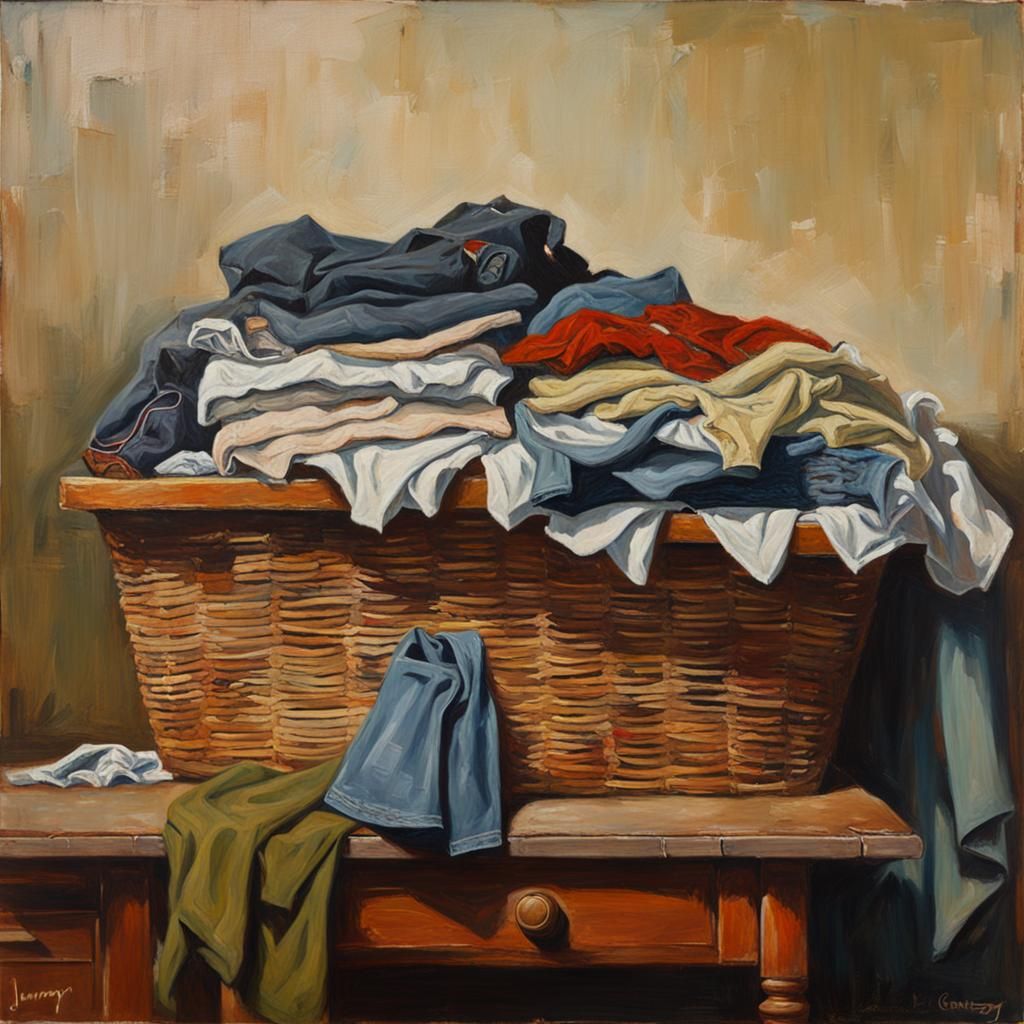 Laundry Basket Oil Painting on Antique Desk