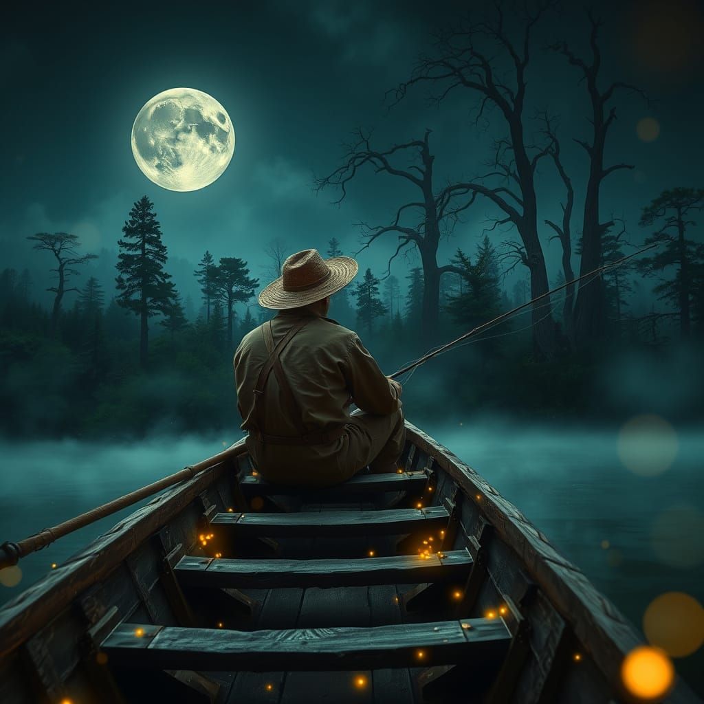 Mystical Fisherman on Moonlit Lake in Gothic Forest