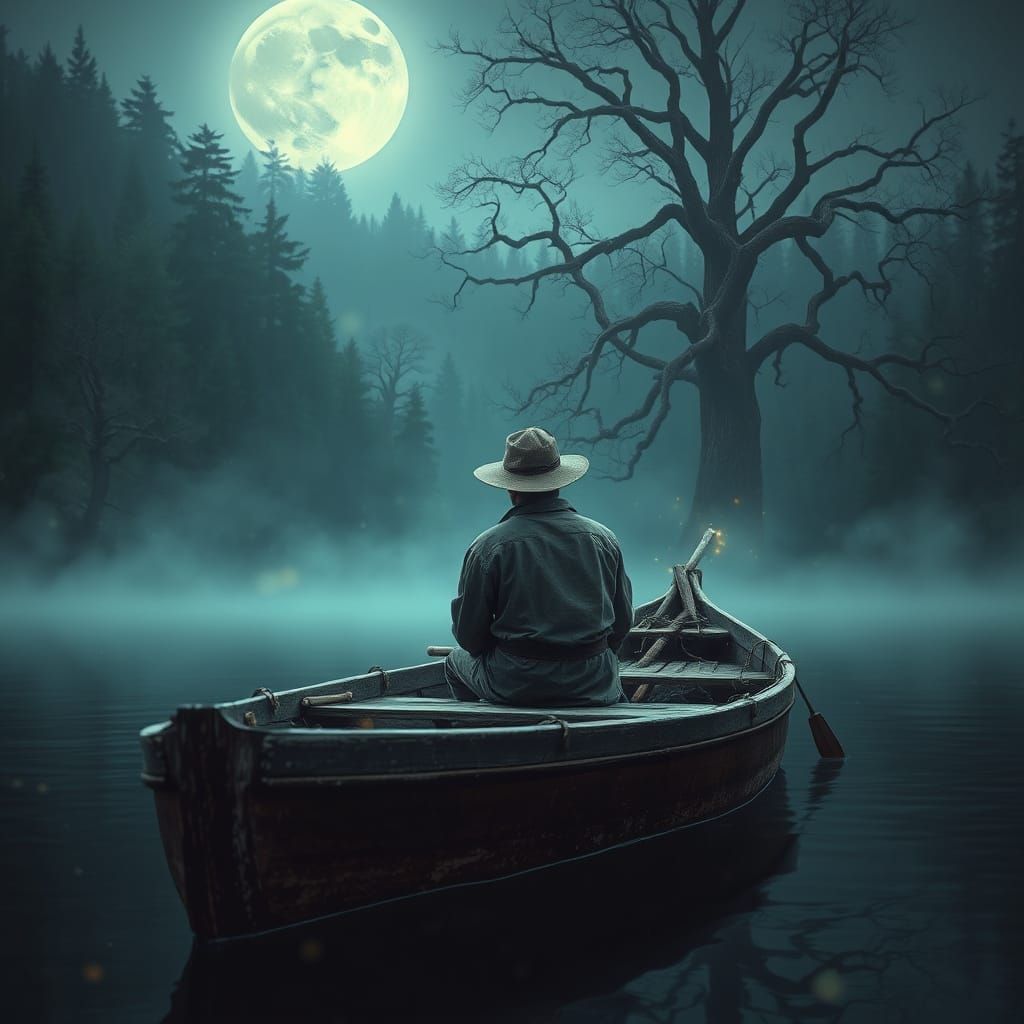 Moonlit Fisherman in Enchanted Forest