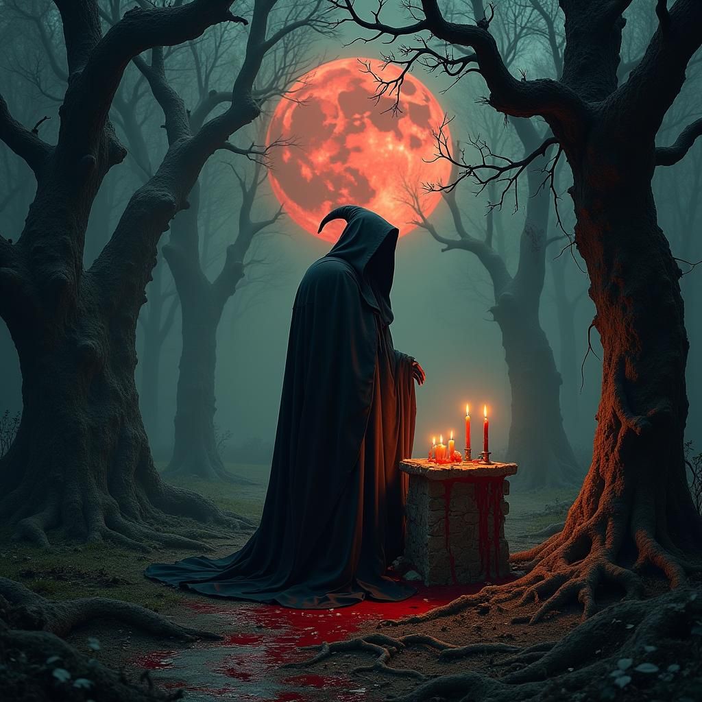 Witch Performing Blood Ritual Under Blood Moon