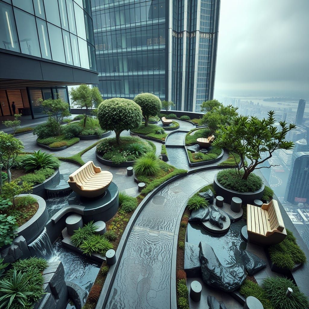 Futuristic Rooftop Oasis Blooms Amidst City Skyscrapers