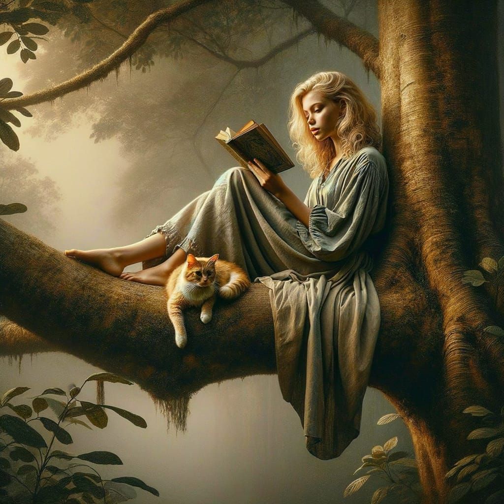 Woman Reading on Tree Branch with Cat in Misty Morning Light