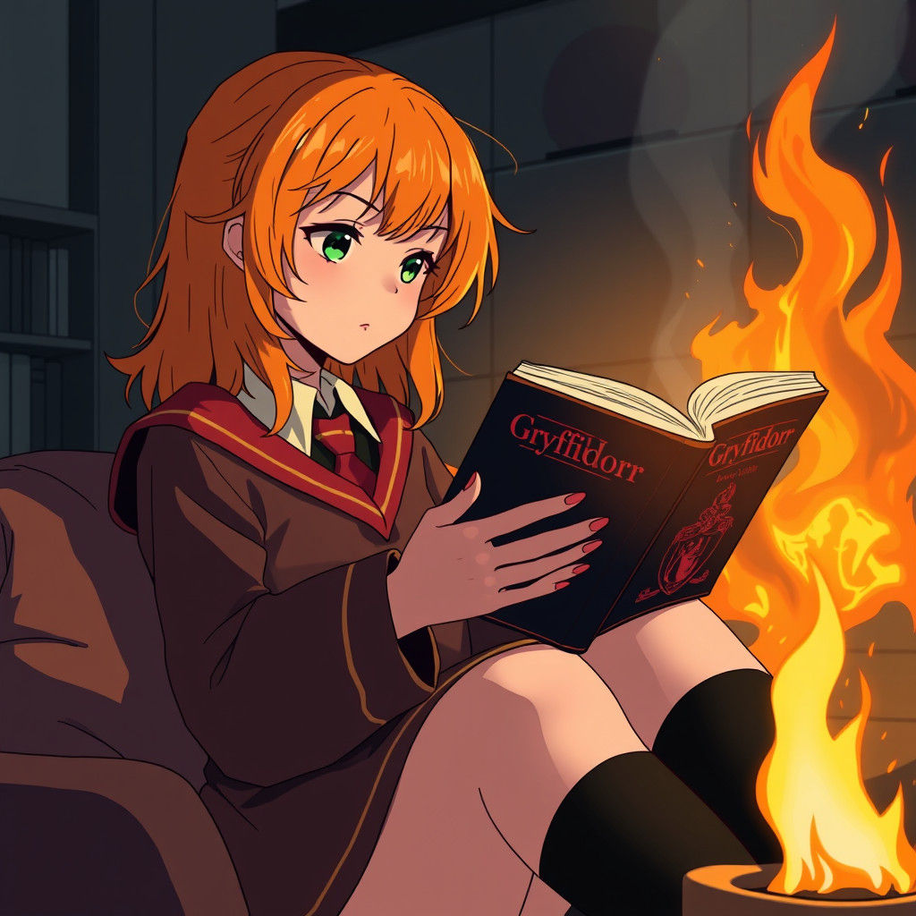 Fiery Gryffindor Student Reading, in Manga Style