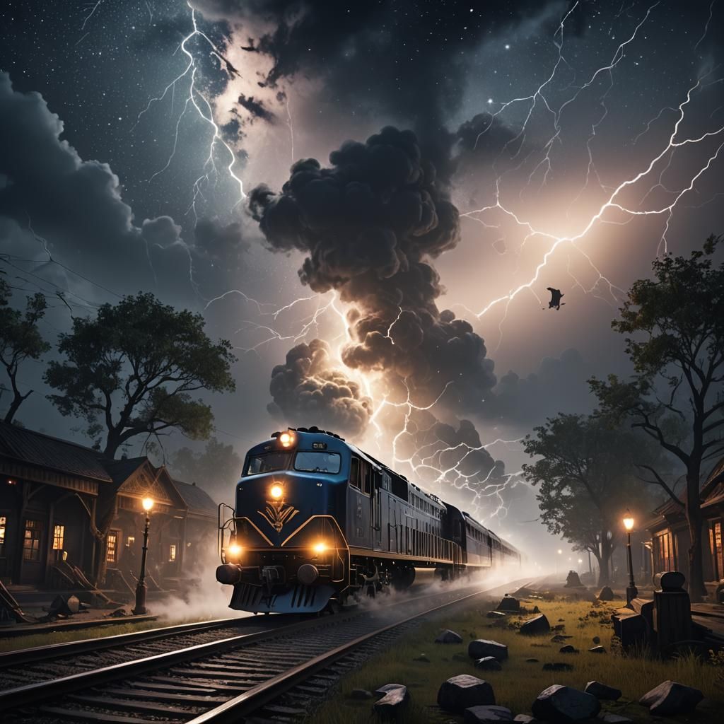 Night Train Amidst Fog, Stars, and Lightning