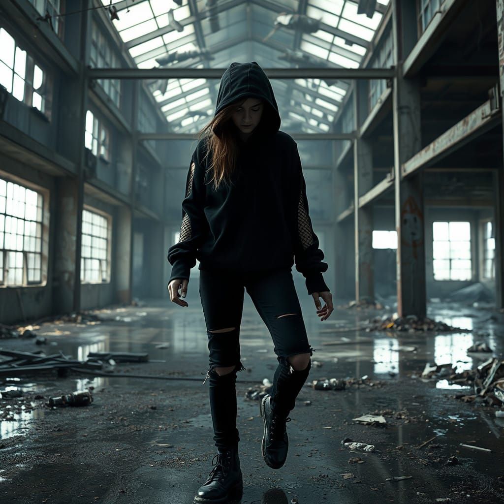 Goth Punk Girl in Ruined Water Filled Abandoned Building