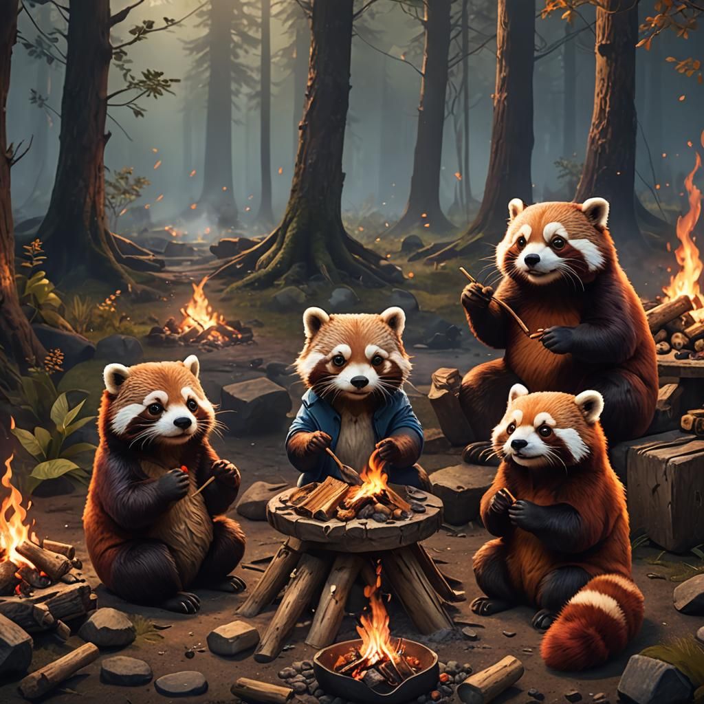 Otters and Red Panda at Campfire: Matte Painting