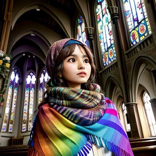 Sparrow in Rainbow Shawl Inside a Church