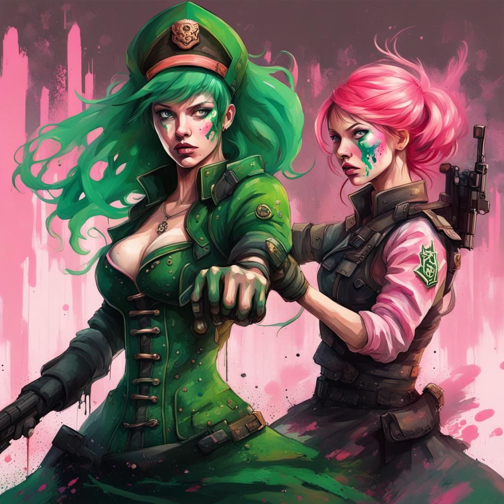 Green-Haired Soldier and Gothic Woman in Graffiti Art