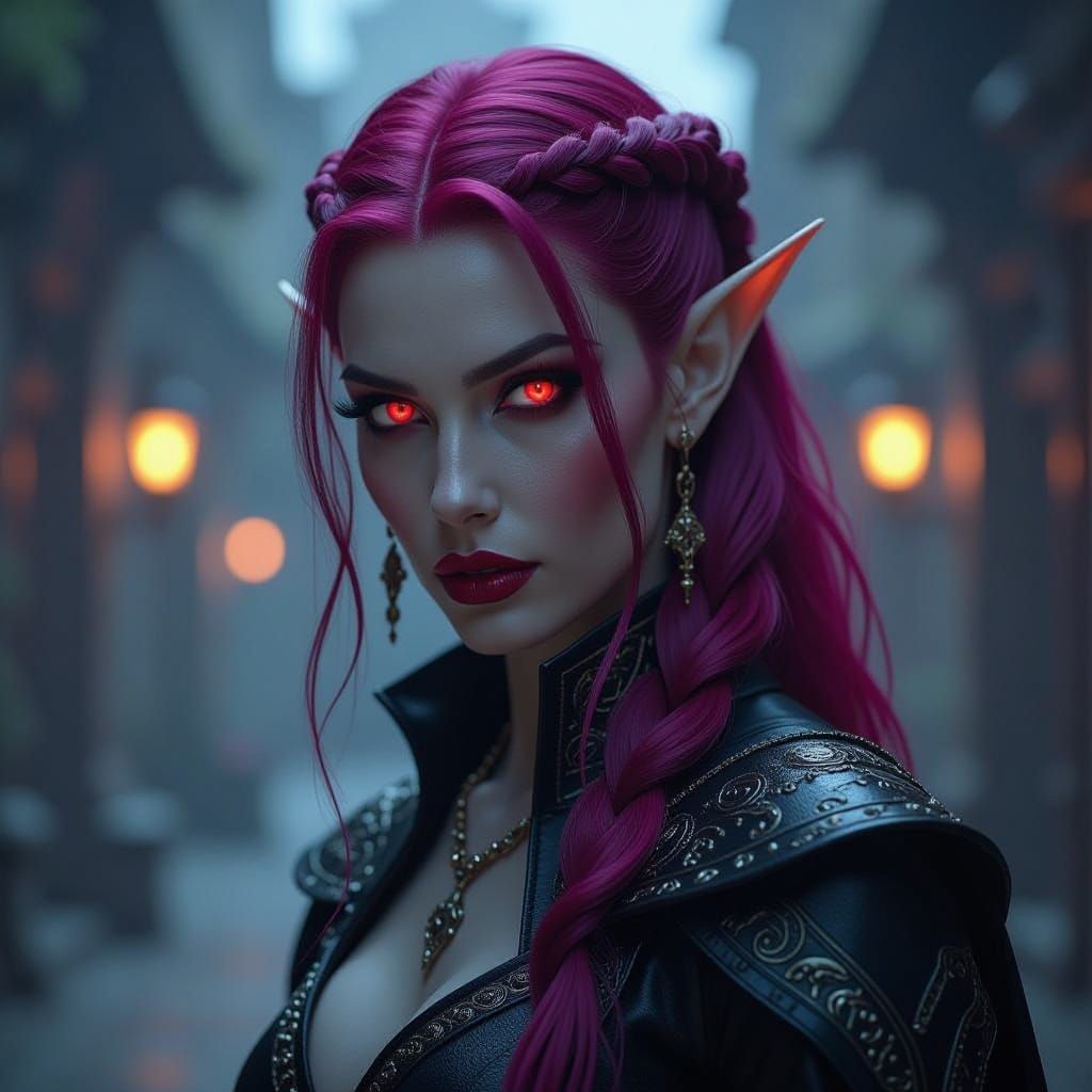 Sinister Elven Woman with Pink Hair and Red Eyes