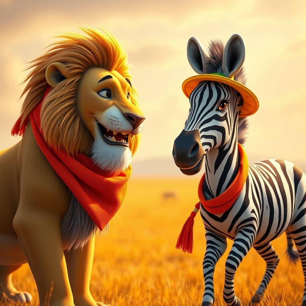 Lion & Zebra Chatting on Savanna in 3D Animation Style