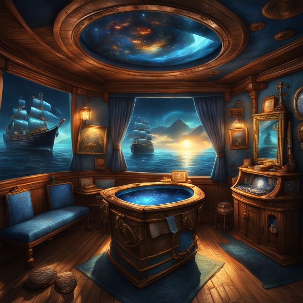 Captain's Room on Blue Boat: Detailed Matte Painting
