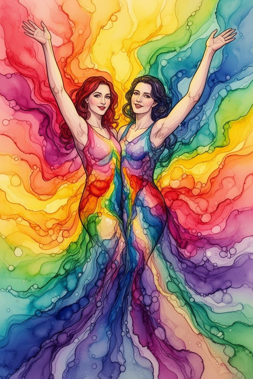 Lesbian Couple Celebrating Pride in Abstract Alcohol Ink Sty...