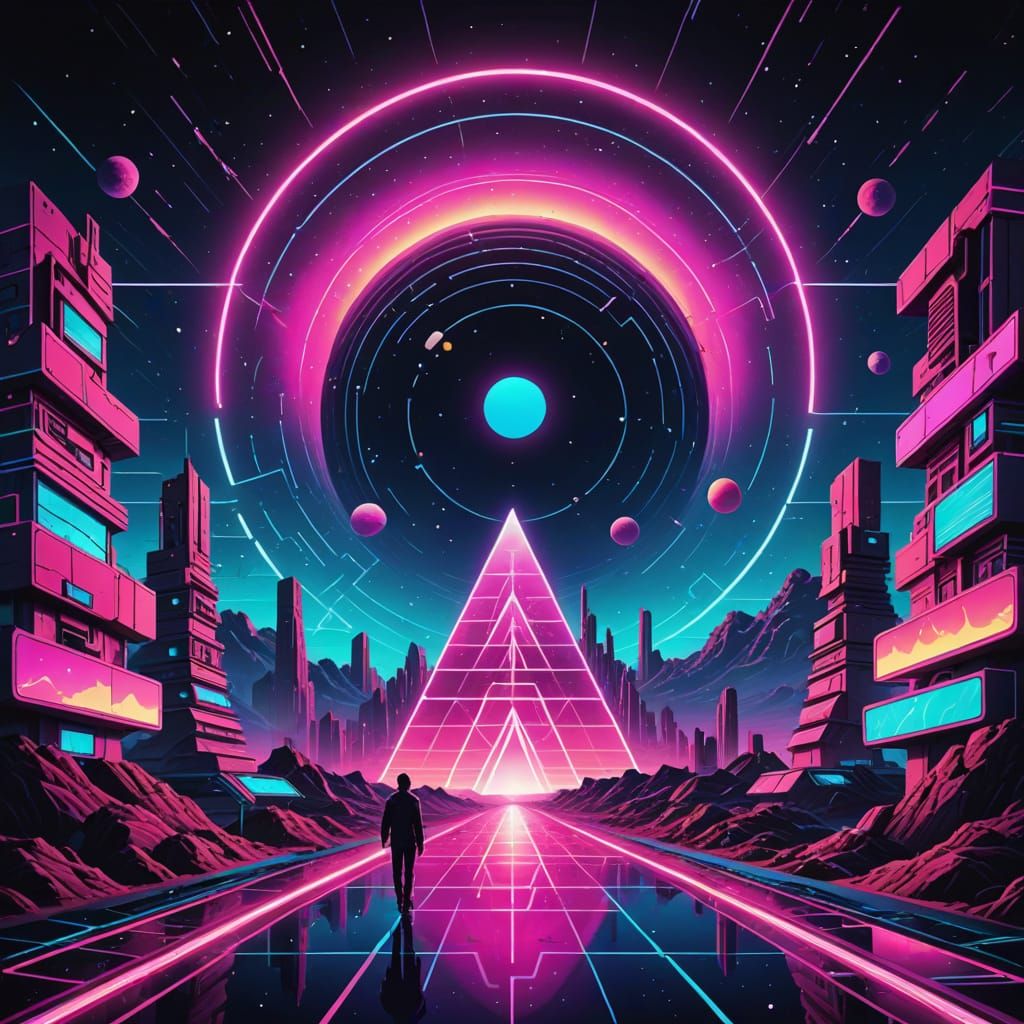 Surreal Non-Euclidean Geometry in Synthwave Neon Style