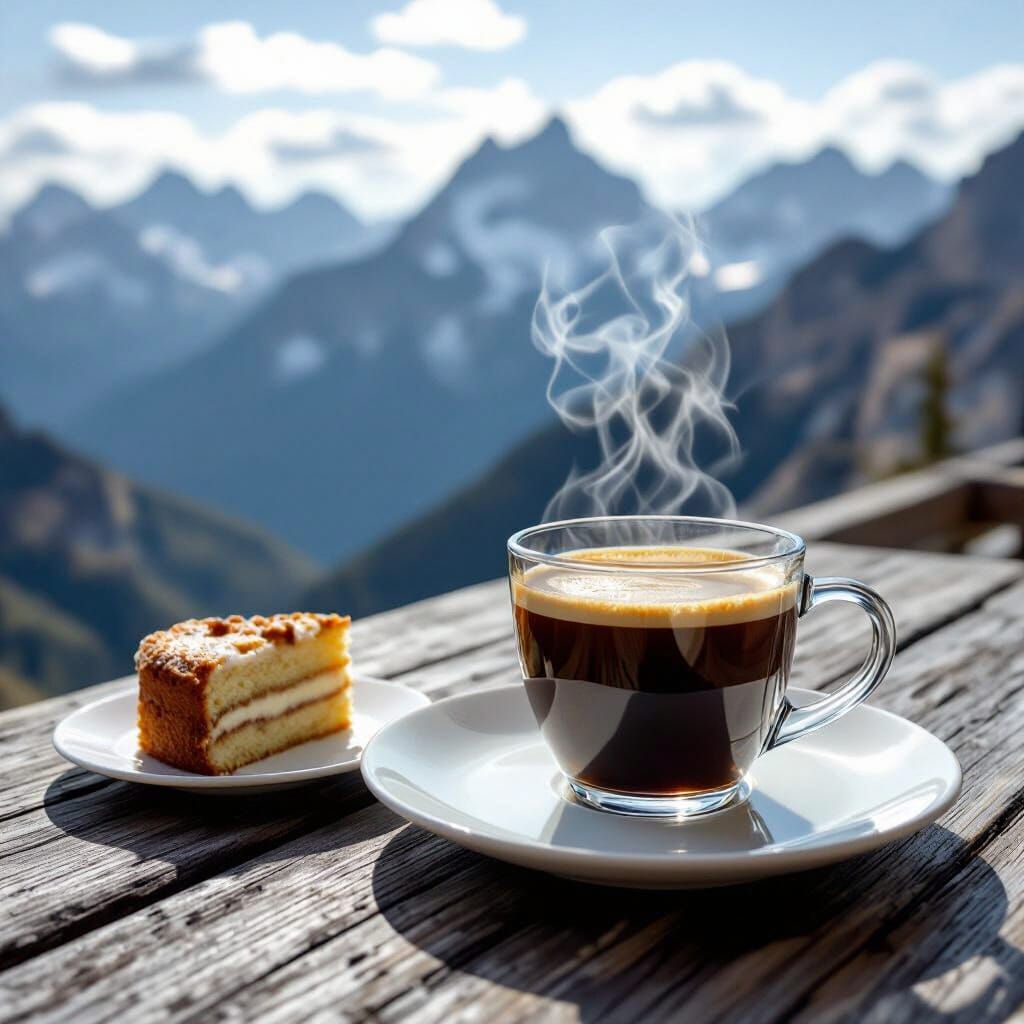 Coffee and Cake with Mountain View: Photorealistic Style