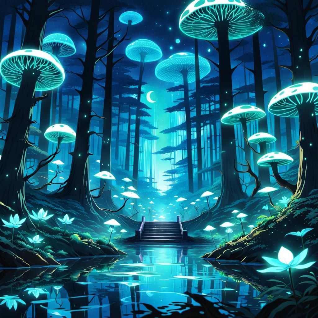 Anime Bioluminescent Forest Palace at Midnight