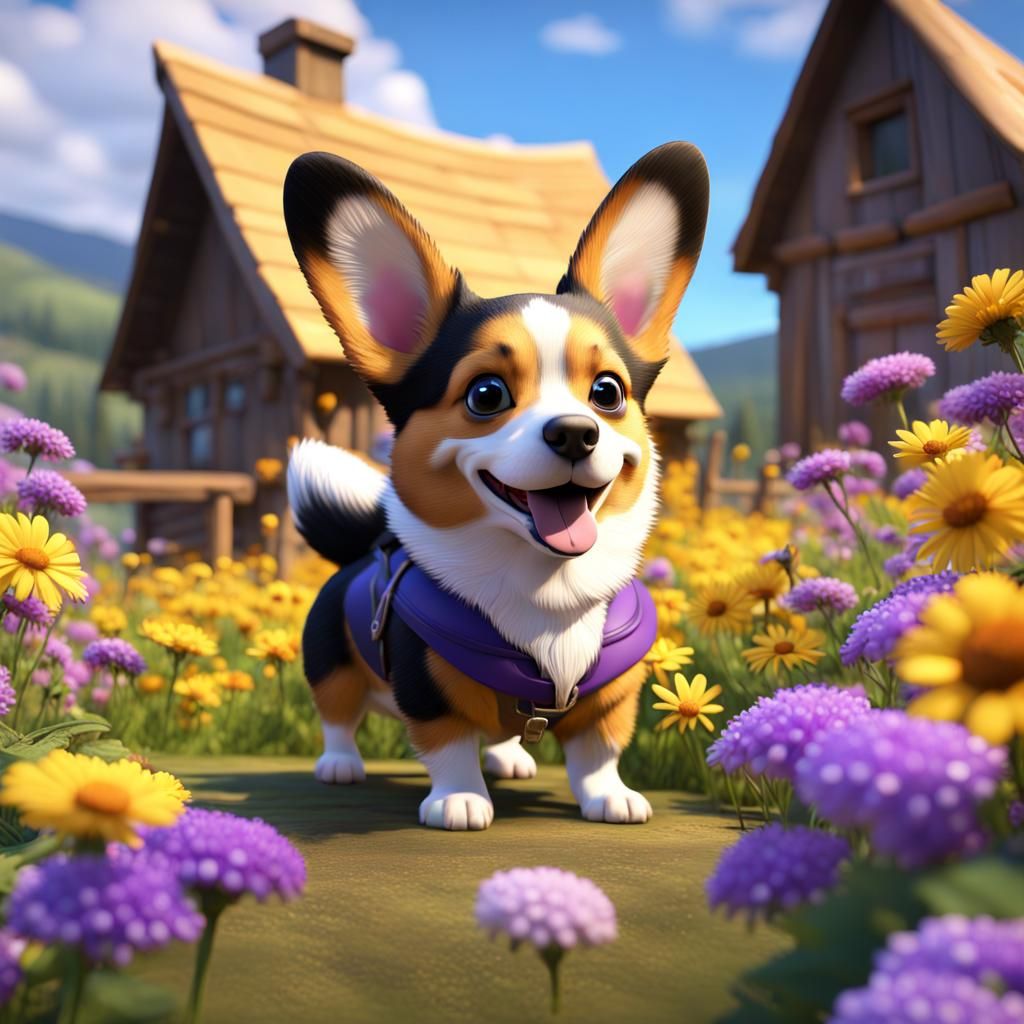 Fairy Rides Corgi Through Flower Meadow: 3D Digital Art