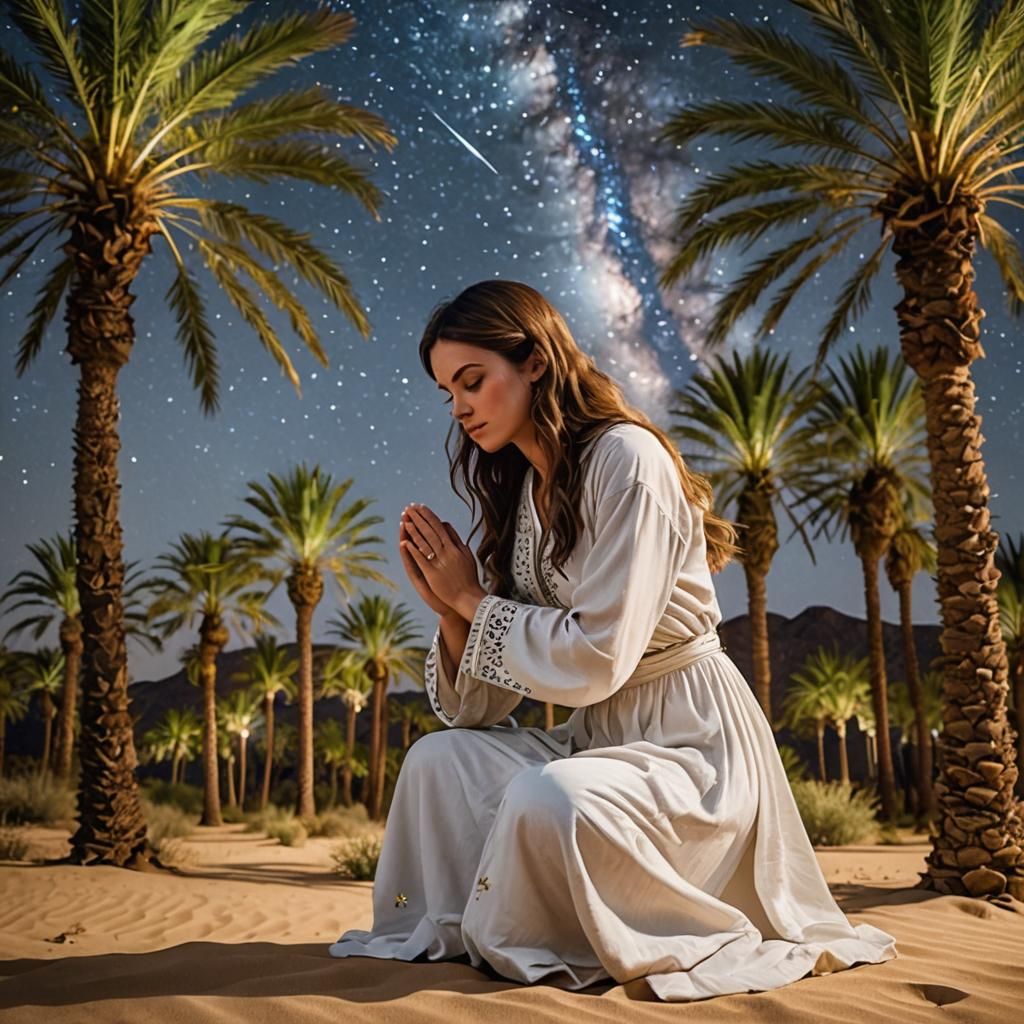 Girl Praying in Desert Oasis Under Starry Sky