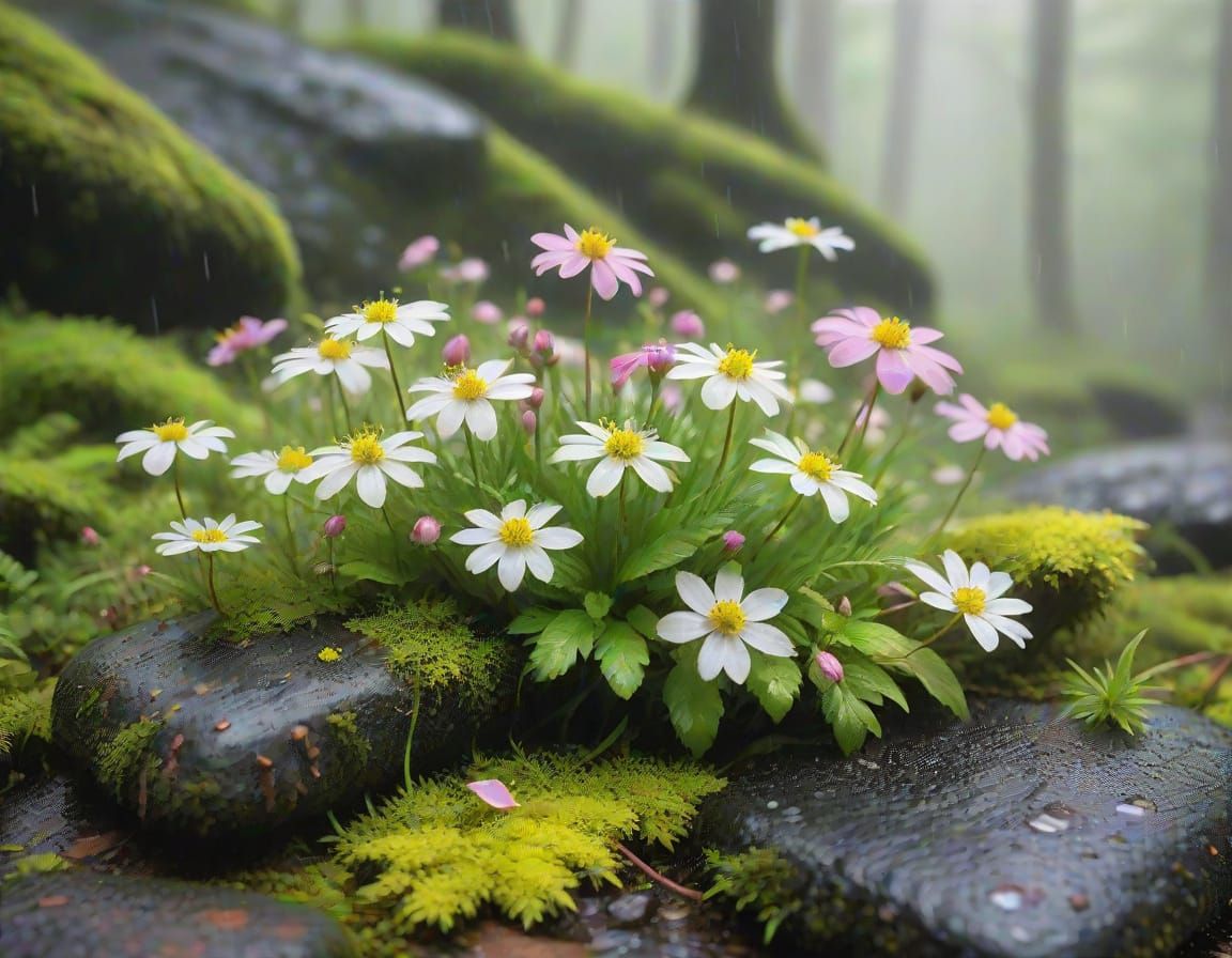 Softly Blooming Wildflowers Amidst Mossy Stone and Gentle Ra...