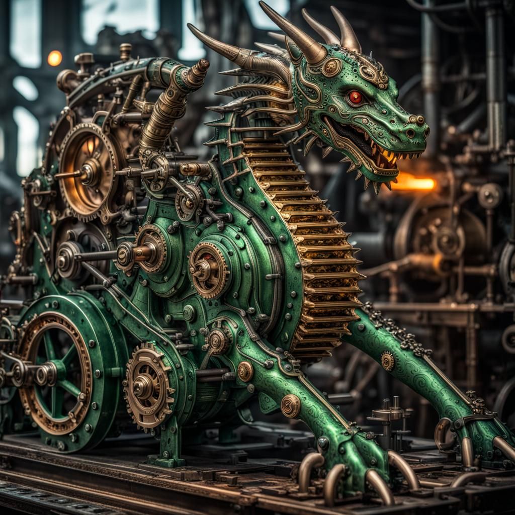Steampunk Dragon War Machine with Green Flame