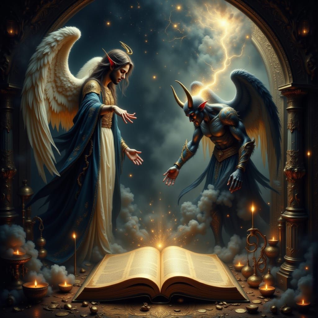 Fallen Angel Confronts Demon in Ornate Chamber