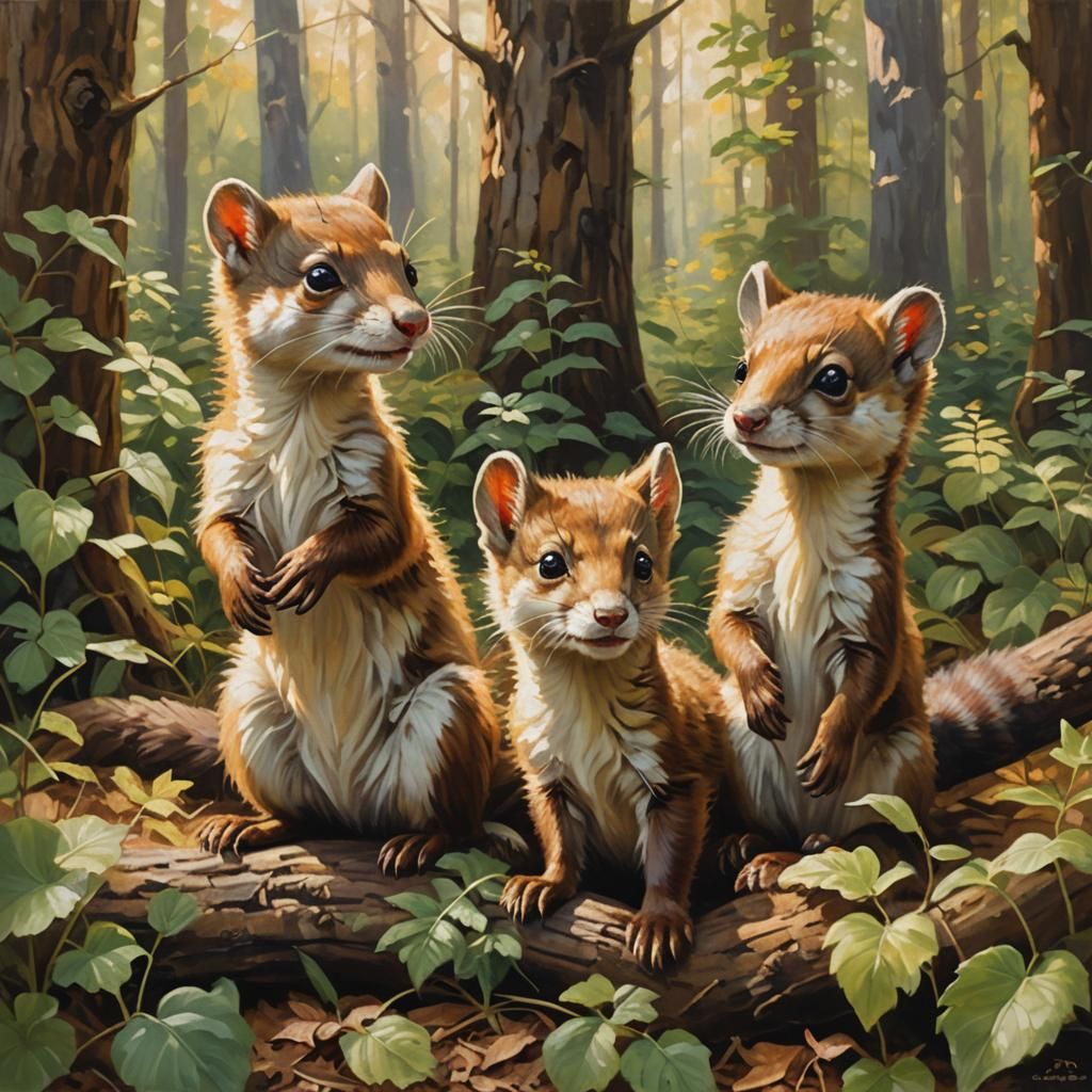 Adorable Weasels Playing in Sunny Forest Oil Painting