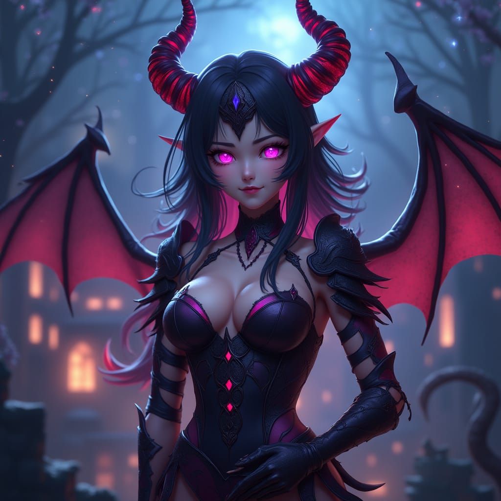 Female Devil in Crimson Armor with Violet Eyes