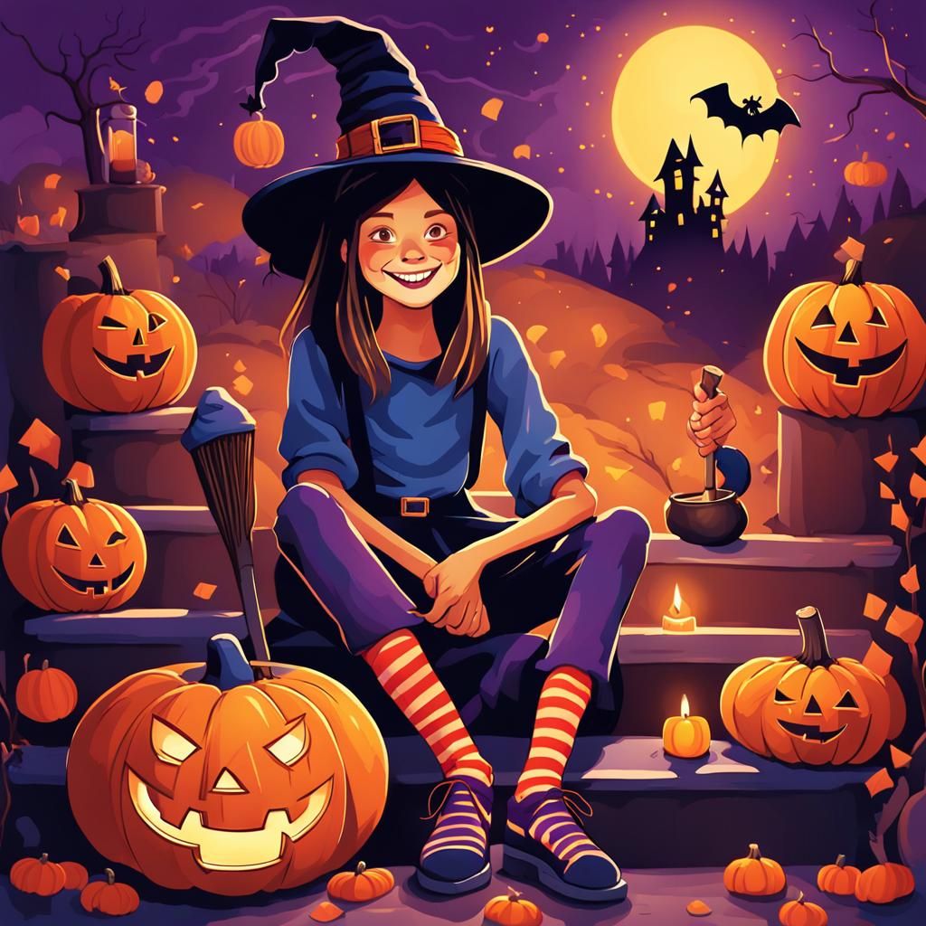 Whimsical Halloween Witch Illustration in Burtonesque Style