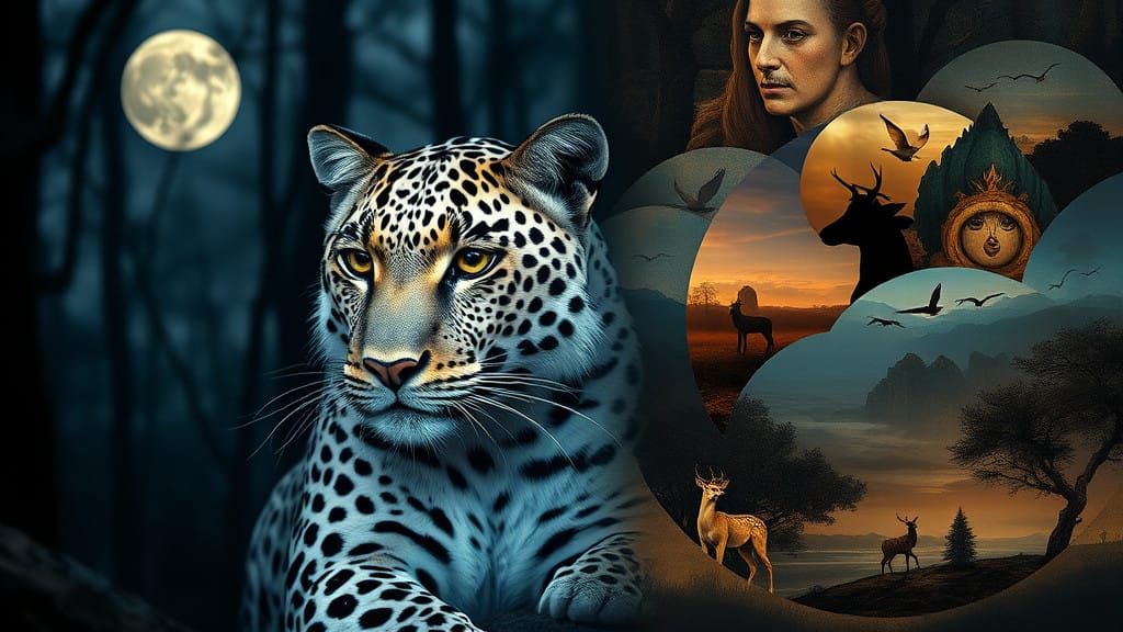 Surreal Leopard Contemplates Mystical Forest in Dreamlike Re...
