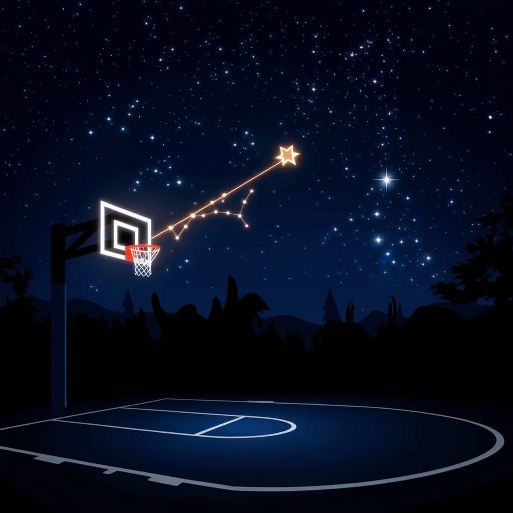 Swish Upon a Star: A basketball court under a starry night sky, with a shooting star and constellation-like basketball r...