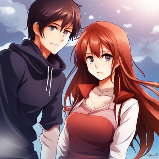 Anime Girl with Black Hoodie and Red Hair