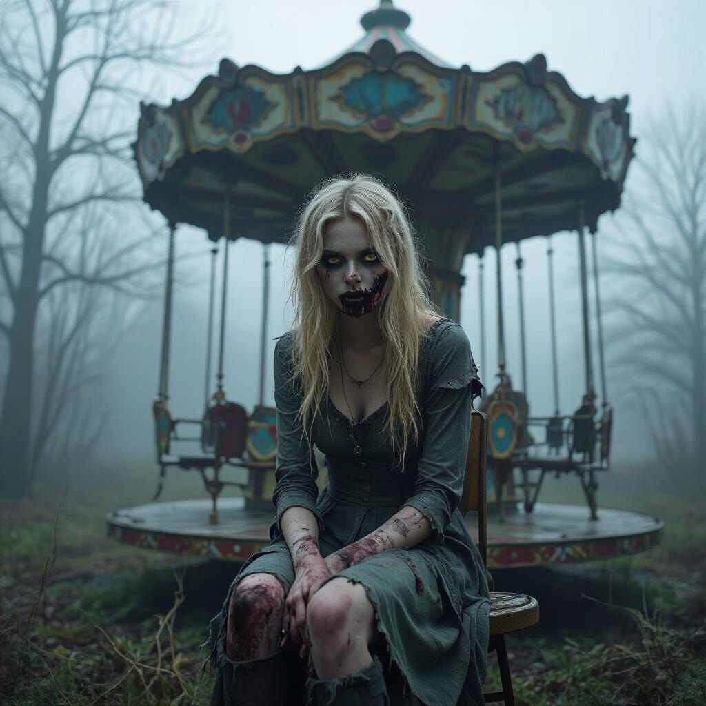 Zombie Girl on Broken Carousel in Foggy Park